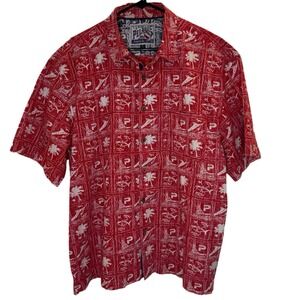 Pelagic Shirt men's XXL Button Up Fishing Boat Palm Trees Geometric Red Casual